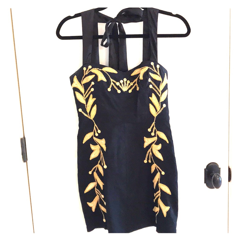 Free People Black & Gold Embroidered Dress